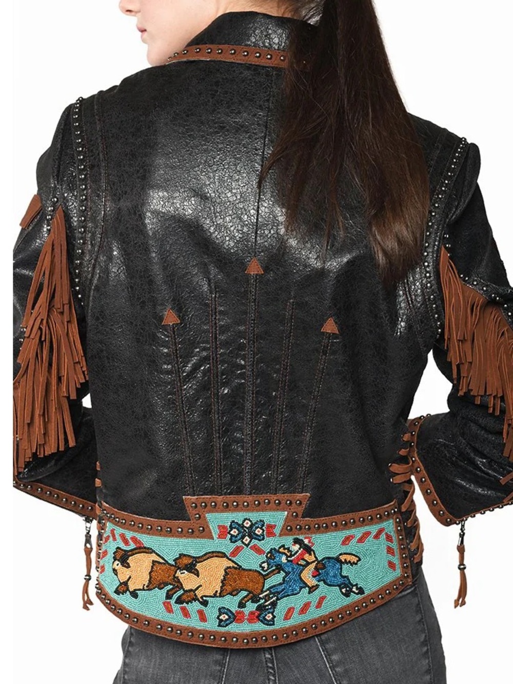Double D Ranch leather Buffalo Chase Jacket studs beaded buffalo horse cowboy